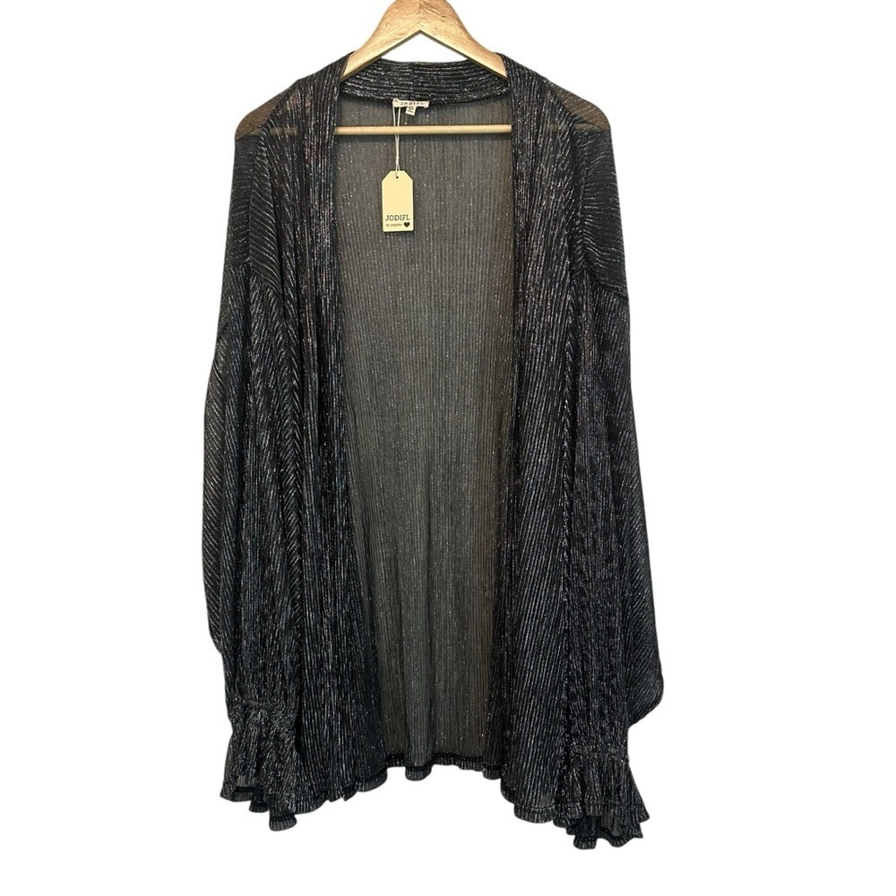 NEW JODIFUL Women's 3X Black Silver Metallic Open Front Overlay Semi-Sheer Top